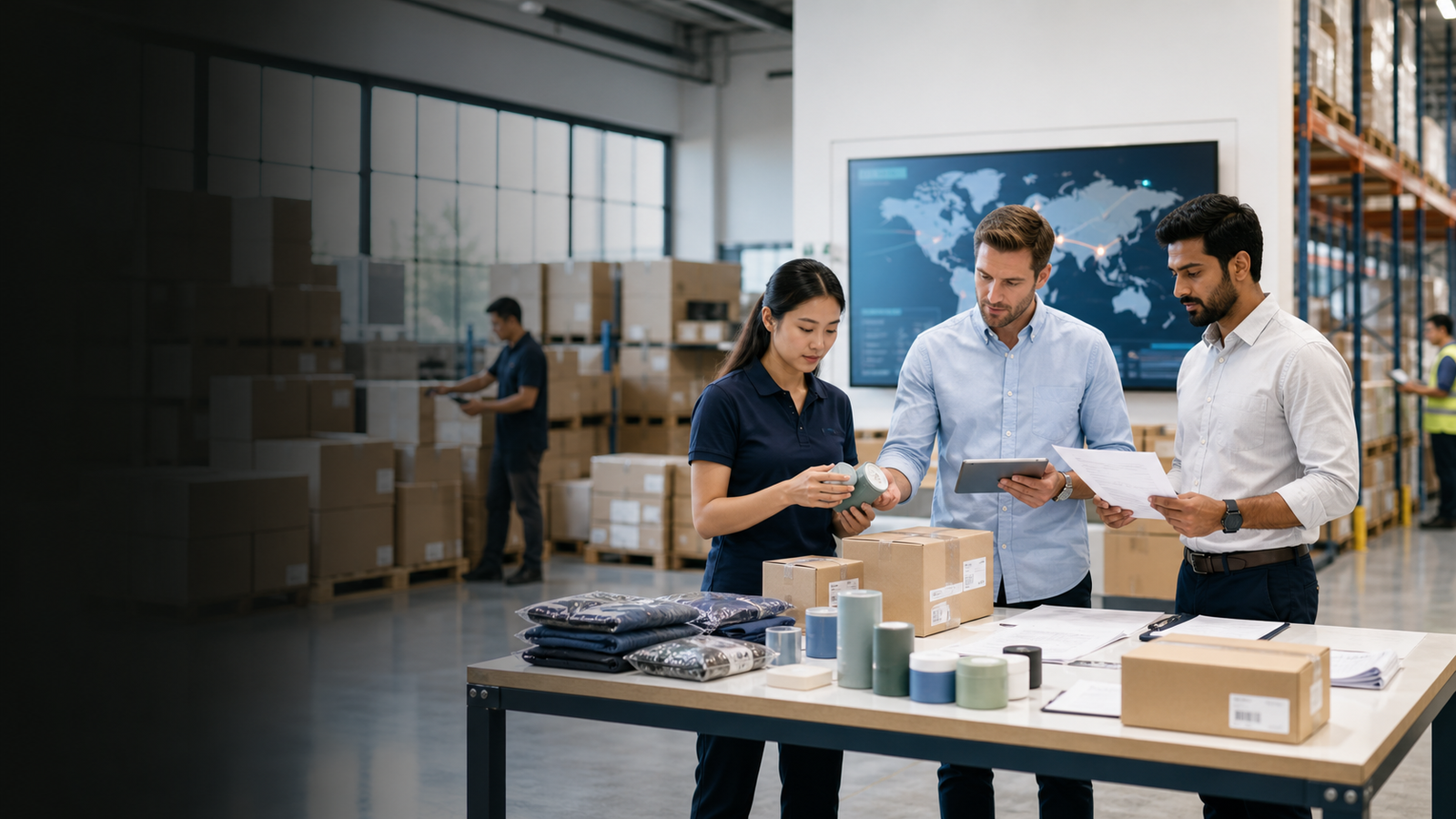 Modern export warehouse with sourcing, inspection, and shipping operations